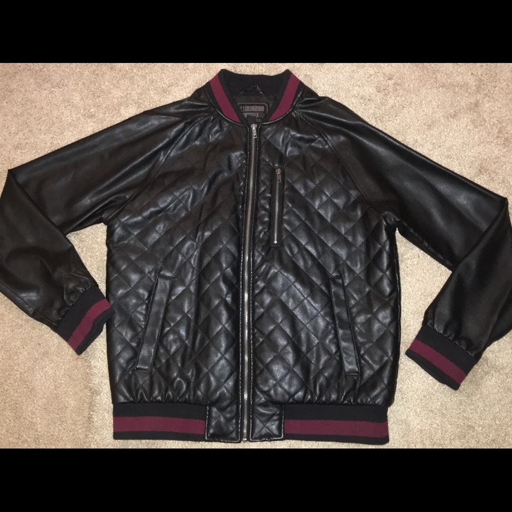 21 Men’s Black Faux Leather Bomber Jacket